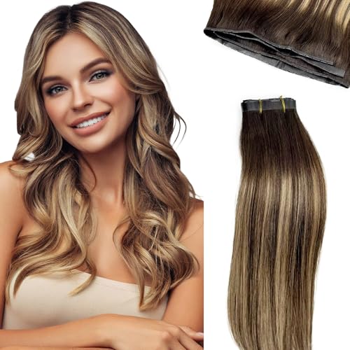 Butterfly Weft Hair Extensions Human Hair-Invisible Double Layered with Hole Hand Tied Genius Weft PU Seamless Micro Beads Real Remy Hair Ombre Blonde Balayage 100g #4/27/4 16 Inch
