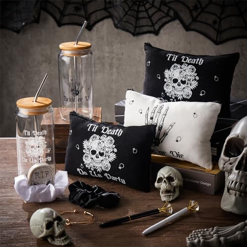 Hushee 30 Pcs Bride or Die Bachelorette Party Supplies Till Death Bridesmaids Gifts 16 oz Glass Cup Makeup Bag Scrunchy Knotted Bracelet Diamond Pen for Gothic Halloween Bridal Shower Wedding Supplies