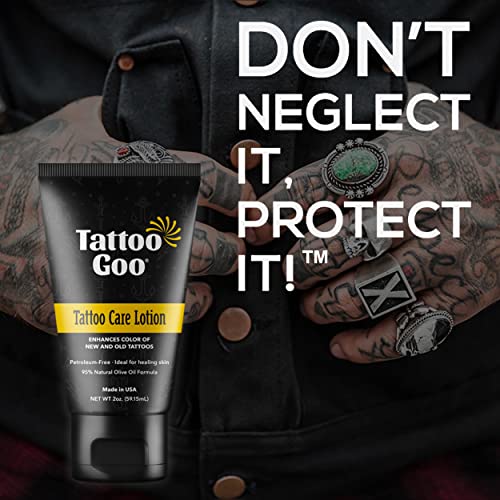 Tattoo Goo Tattoo Care Lotion, 2 oz, Soothes Itch & Irritation, Hydrate & Preserve Color, Non-Greasy Moisturizer, Aftercare Lotion with Olive Oil & Panthenol, No Petroleum or Mineral Oil