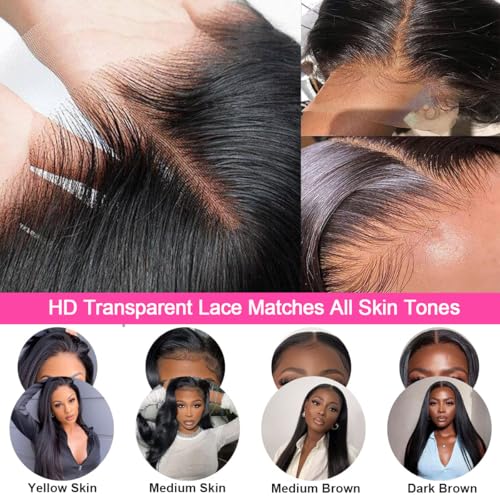 13x6 Straight Lace Front Wigs Human Hair 32 Inch HD Transparent Lace Frontal Wigs Straight Human Hair Wig for Women 200% Density Glueless Wigs Human Hair Pre Plucked with Baby Hair Natural Black