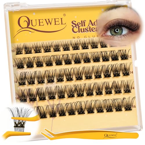 QUEWEL Self Adhesive Lash Clusters Kit, Pre Glued Eyelashes Clusters, 10-16MM Strong Hold Self Adhesive Eyelashes,D Curl Press On Lashes No Glue Needed DIY Lash Extensions Kit at Home(MJ02)
