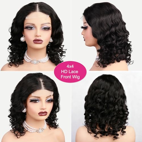 Loose Deep Wave Lace Front Wigs 100% Human Hair Pre Plucked Pre Cut Body Wave 4x4 Transparent Lace Closure Wigs Wear and Go Glueless Wig for Black Women Body Wavy Curly Wig Natural Color 16 Inch