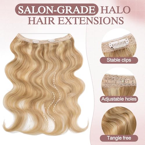 Halo Hair Extensions Real Human Hair Wavy Invisible Wire Hairpiece Adjustable One Piece With 2 Secure Clips For Women to Add Length,20 Inch 18P613 Gold Blonde Mixed Bleach Blonde,70g