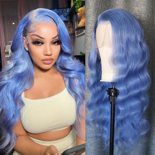 Lake Blue 13x4 Body Wave Lace Front Wigs Human Hair 180 Density UHD Transparent Lace Front Wigs Human Hair Pre Plucked Pre Cut Lace Glueless Wig Virgin Colored HumanHair Wigs For Women 20inch