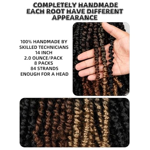 14 Inch 8 Packs Passion Twist Crochet Hair Pre looped-Mixed Color Combo Pack(6 packs 1B+ 1 pack T1B/27+1 pack T1B/30)Pre-twisted Pre Looped Soft & Bouncy Synthetic Braided Hair Extensions (1B+T27+T30)