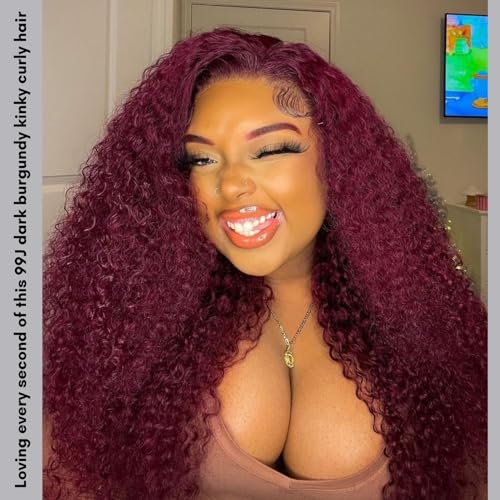 12A #99J Kinky Curly Human Hair Bundles, 100% Unprocessed Remy Human Hair Dark Burgundy Red Wine Colored Tight S-shaped Culry Thick and Soft Bundles Sew in Weave 10/12/14 Inch
