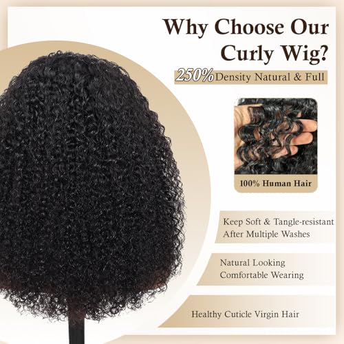 Curly Wig Human Hair 13x6 HD Lace Frontal Wigs 250 Density With Drawstring Deep Wave Lace Front Wigs Human Hair Pre Plucked Virgin Remy Hair 5x Longer Lifespan Natural Black for Women 18 Inch
