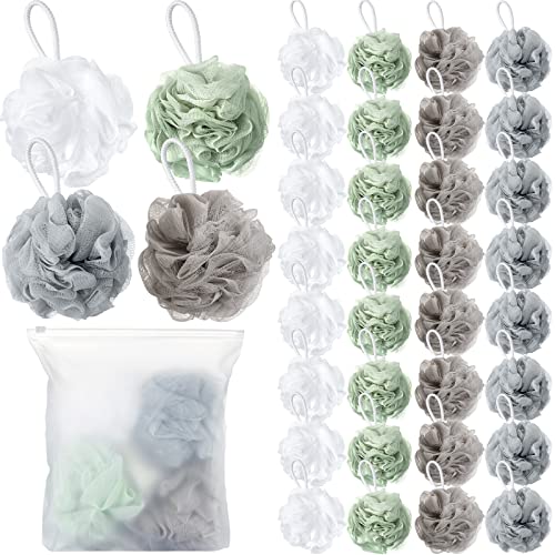 Shellwei 32 Pcs Bath Sponge Shower Loofahs Bulk 60 g Charcoal Large Mesh Puff Soft Scrubber for Men and Women Exfoliating Shower Pouf Balls with Bathing Accessories