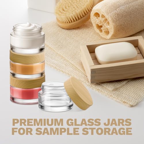 Bumobum 48 Pcs 5 Grams Glass Cosmetic Jars with Plastic Wood-Grain Lids, 5 ml Lip Balm Containers Empty Tiny Sample Jars for Lip Scrub Makeup Eye Cream Travel