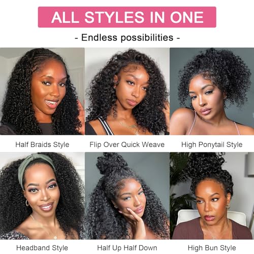 Half Wig Curly Human Hair 200% Density 3 In 1 Drawstring Seamless Clip Ins Flip Over Half Wigs for Black Women 20 Inch Kinky Curly Drawstring Headband Human Hair Wig Beginner Friendly