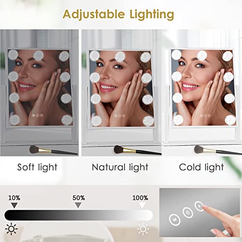 Vanity Mirror with Lights, Hollywood Lighted Makeup Mirror with 3 Color Modes and 9 Dimmable Diamond LED Light Bulbs, Detachable 10X Magnification, 360¡Æ Rotation, Touch Control, White