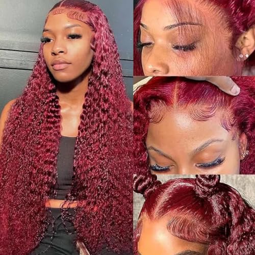 13x4 Deep Wave Lace Front Wigs Human Hair 99j Burgundy Curly Lace Frontal Glueless Wigs Pre Plucked 180% Density Color Wigs for Women (20inch)