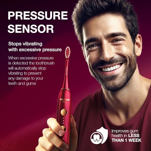Wagner Stern WHITEN+ Edition. Whitening Electric Toothbrush with Pressure Sensor. Offers 5 Brushing Modes, 3 intensities, 8 Soft Brush Heads, and a Luxury Travel case.
