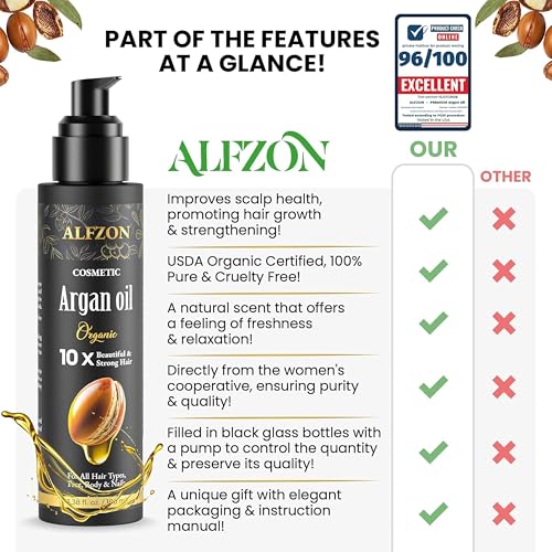 ?????????????? Moroccan Argan Oil 100% Pure USDA Organic Hair Treatment, Cold Pressed For Dry, Damaged, Curly & Frizzy Hair, Skin, Face, Body & Beard Natural Anti Aging for Women & Men, Large 3.38 oz