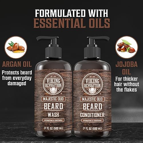 Viking Revolution Beard Wash and Beard Conditioner for Men with Argan Oil and Jojoba Oil - Beard Softener and Strengthener Beard Care Beard Shampoo and Conditioner with Beard Oil (17oz, Majestic Oud)