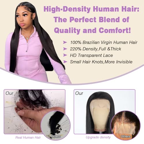 Beauty Queen 16A 13x4 Lace Front Wigs Human Hair Straight HD Lace Front Wigs Pre Plucked 22 Inch Brazilian Straight Human Hair Wigs 220 Density Raw Human Hair Wigs for Women Natural Black Color
