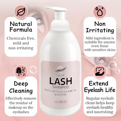 Lash Shampoo 34fl.oz/1L, Eyelash Shampoo for Lash Extension, Eyelash Extension Cleanser, Lash Eyelid Foam Cleaning Kit for Salon Use and Home Use
