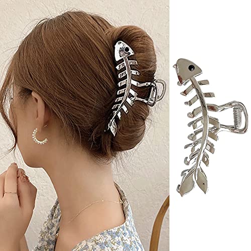 Hair Jaw Claw Clips Fish Bone Shape Large Metal Gold Fashion Nonslip Hairpin Catch Clip Accessories for Thick/Thin Hair HairStyling (Sliver)