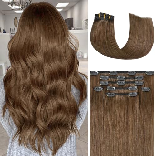 Honsoo Chestnut Brown Remy Clip In Hair Extensions Real Human Hair 18inch 70g 7pcs Sliky & Soft Clip ins