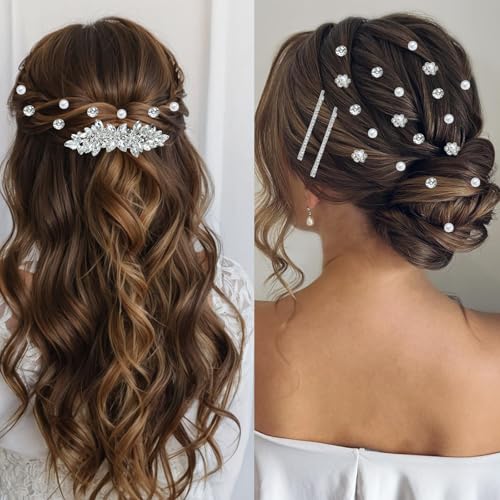 40 Pieces Rhinesetones Hair Clips, Include 4 Piece Crystal Hair Pins and 36 Pieces Spiral Hair Gems, Swirl Diamond Pearl Hairpins Flower Sparkling Hair Accessories for Wedding,brides, Party, Prom