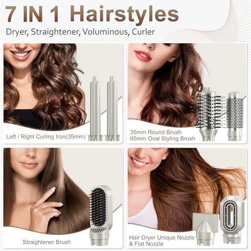 Sunwhisper Hair Dryer Brush 7 in 1 Professional Hot Air Styler, 110,000 RPM High Speed Negative Ionic Dryer, Straightener Comb & 2 Auto Wrap Curlers, 2 Concentrator, Oval & Round Styling Brush