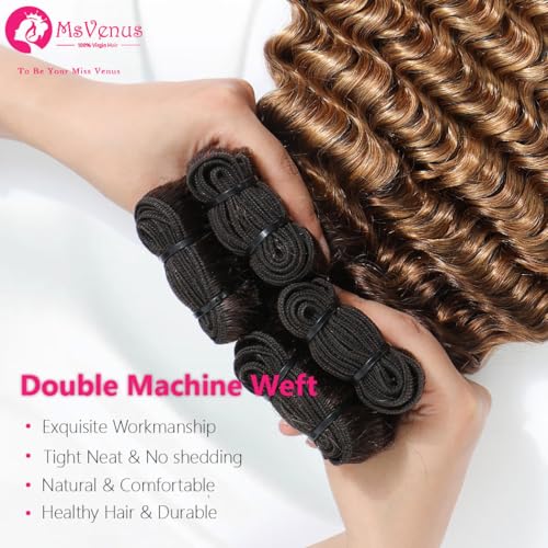 Ombre Deep Wave Bundles Human Hair T4/27# Brown to Honey Blonde Color Deep Wave Human Hair 3 Bundle for Women 12A Curly Bundle (24 24 24 Inch)