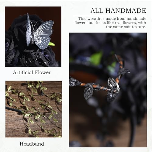 MOSTORY Black Flower Crown Headband - Gothic Floral Headpiece with Butterfly Dark Fairy Crown for Women Witch Aesthetic Renfaire Renaissance Party Cosplay