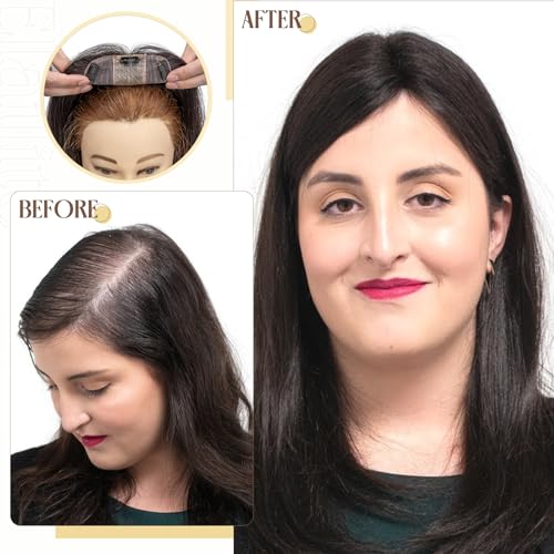 Elailite Human Hair Toppers for Women Real Human Hair Thin 4.7"x3.9" Silk Base Clip in Remy Hairpieces 8 Inch Sandy Blonde mix Bleach Blonde