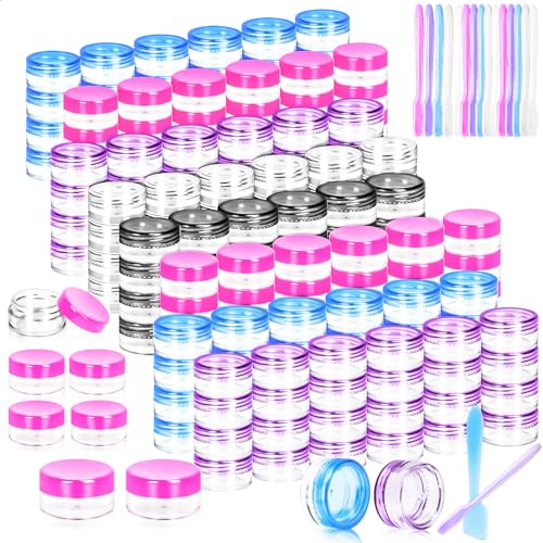 MotBach 100 Pack 3g 5g Plastic Jars Round Clear Cosmetic Containers with Lids, 3ml 5ml Travel Size Containers Sample Jars with Spatulas for Makeup Cosmetic Travel Lotion Cream Salve Balm Powder Sample