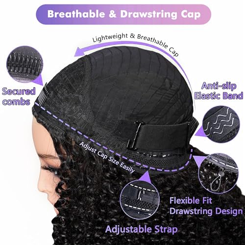 Kinky Curly Half Wig Human Hair 180% Density 3 In 1 Seamless Flip Over Half Wigs Human Hair Glueless Wear and Go Beginner Friendly 24 Inch Drawstring Headband Wig Human Hair for Women Natural Black