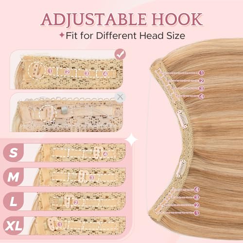 SEGO Invisible Wire Hair Extensions, Real Human Hair Adjustable Wire Extensions, 2 Clips for Women Transparent Fish Line Extensions, Add Length, 22 inches, Golden Brown Mixed Bleach Blonde, 75g