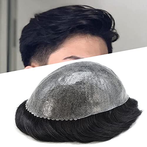 Mens Toupee Full Poly Skin Hair System For Men Inject PU Human Hair Replacement Toupee For Men Hair Wig 8"X10" #1 Jet Black-120% Medium Light to Medium Density