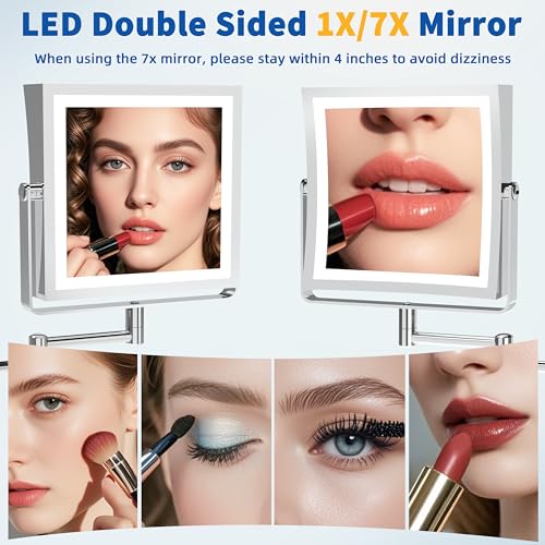 Ruacq Rechargeable Wall Mounted Makeup Mirror with Lights, Double Sided 1X/7X Magnifying Vanity Mirror with 3 Color Lighting, Touch Screen Dimmable, 360¡Æ Rotation Extension Foldable Arm(Chrome)