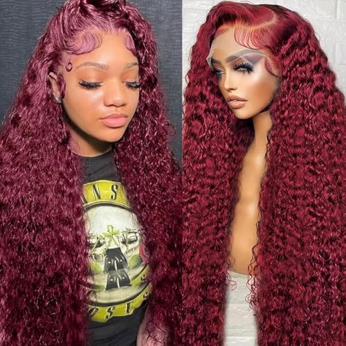 28 Inch Deep Wave Curly 99J Burgundy Lace Front Wigs Human Hair Red Colored Human Hair Wig For Black Women13x4 Curly Transparent Lace Front Wig Pre Plucked