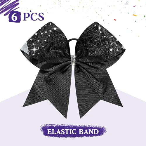 6PCS Full Glitter Rhinestone Cheer Bows Criss Cross Stiff Competition Large Cheerleading Hair Bows Elastic Band for Cheerleaders Girls -Black/Purple/Silver