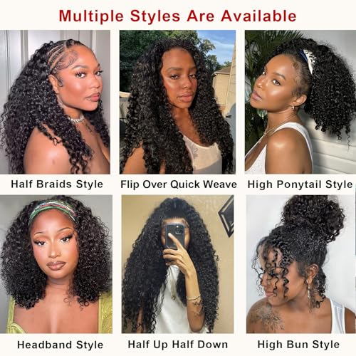 BLG Burmese Curly Human Hair Half Wig for Black Women 300% Density 3 In 1 Half Wig Human Hair 24 Inch Spiral Curly Wear and Go Drawstring Wigs Natural Color Quick Install Beginners Friendly Wigs