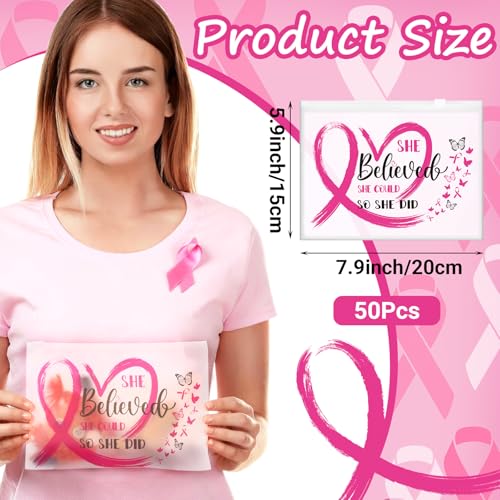 Jansun 50 Pcs Breast Cancer Awareness Make up Bag Pink Ribbon Cosmetic Bags Zipper Travel Toiletry Bag Breast Cancer Survivor Gifts for Woman Girls Charity