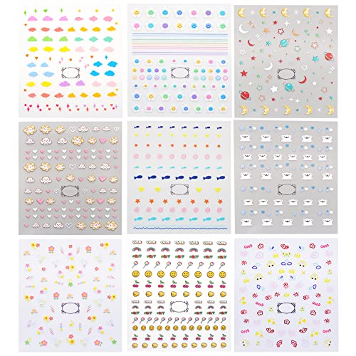 Cute Nail Stickers for Kids Including Animals Flowers Cloud Star Heart and More Self Adhesive Fingernail Decal Stickers for Little Girls Women Nail Art Decoration Fun (Pack of 9)