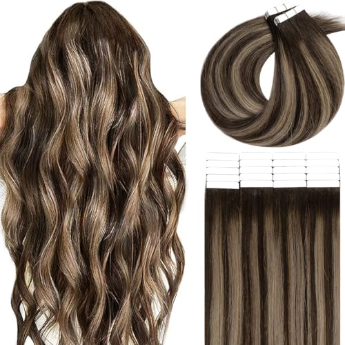 Lacer Hair Extension Tape In Extensions Human Hair Invisible Skin Weft Hair Extensions Dark Brown To Chestnut Brown Highlight Color Hair Extensions Tape In Real Human Hair Silky Straight 100G 24inch