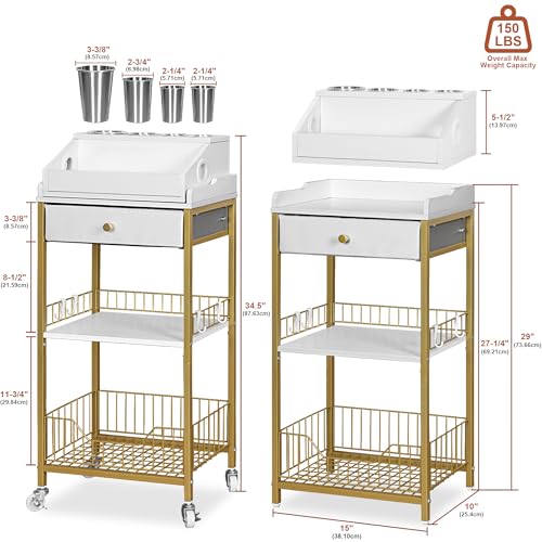 Makeup Organizer Cart with Drawer, 2-in-1 Rolling Organizer Cart with Hair Tool Holder, Vanity Storage for Skincare, Perfume, Nail Polish, Cosmetics, Gold Finish