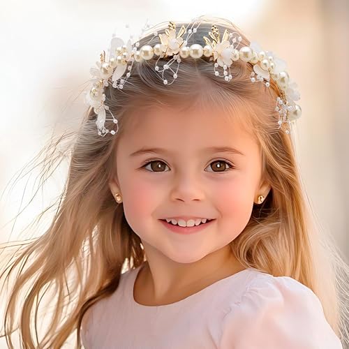Flower Girl Headpiece, Bridal Headband,Flower Girl Hair Accessories, Princess Crystal Pearl Hair Accessories, Suitable for Teenage Girls and Women £¨White£©