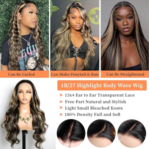 13x4 Lace Front Wig Human Hair Pre Plucked Ombre Lace Front Wig Human Hair 180% Density 1B/27 Highlight Wig Human Hair 32 Inch Body Wave HD Lace Frontal Wigs Glueless Wigs for Black Women