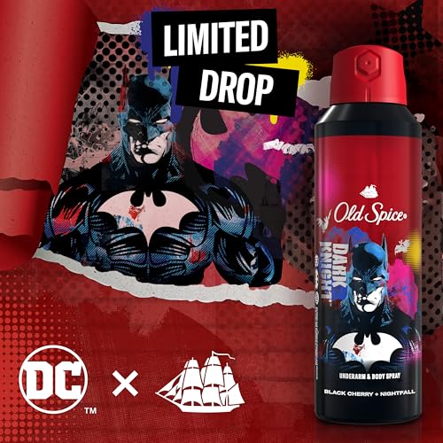Old Spice Aluminum Free Body Deodorant Dry Body Spray for Men, 24/7 Freshness & Lasting Scent, 24/7 Sweat & Odor Protection, Smell Like a Hero, Batman, Black Cherry & Nightfall Scent, 5.1 oz