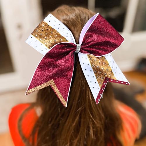 8 PCS Large Glitter Cheer Bows 8" Rhinestones Hair Bows Sparkly Cheerleading Softball Team Bow Hair Ponytail Holder Accessories for cheerleaders football Competition Sports- Maroon Gold