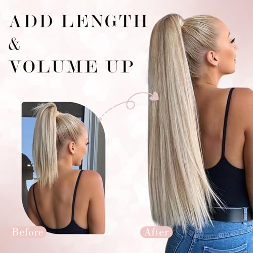 Ponytail Extensions Human Hair Long Straight Ponytail Hair Extensions with Magic Paste Wrap Around Clip in Ponytail Extensions Real Human Hair,22inch #60 Platinum Blonde,95g