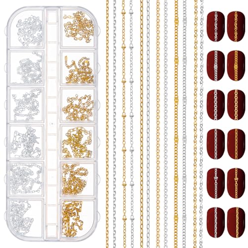 12 Strips Metal Nail Art Chains Gold & Silver Nails Decorations with Box Stainless Steel Nails Accessories Nail Jewelry Chains for Manicure Decoration & DIY£¨11 Inch£©