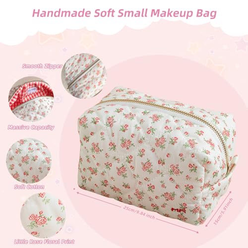 2-Piece Handmade Cotton Quilted Makeup Bag Set, Floral Cosmetic & Skincare Organizer Zippered Pouch for Women & Girls, Travel Toiletry Bag for Essentials,Rose