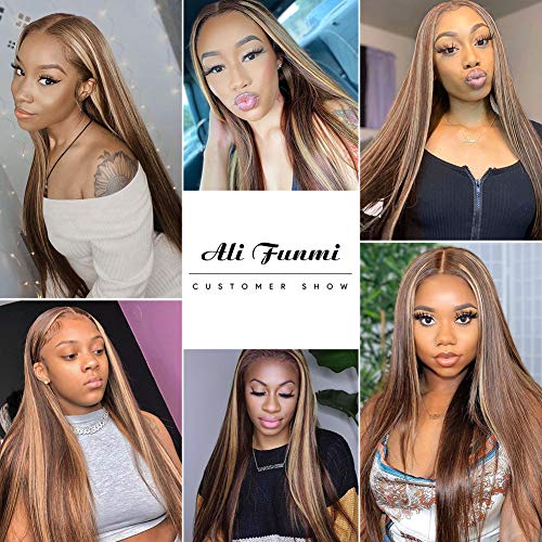 Ombre Highlight Lace Front Wig Human Hair Pre Plucked 4x4 HD Lace Closure Wigs with Baby Hair, 150% Density 4/27 Colored Honey Blonde Straight Lace Front Wigs Human Hair Wigs for Women 20 Inch