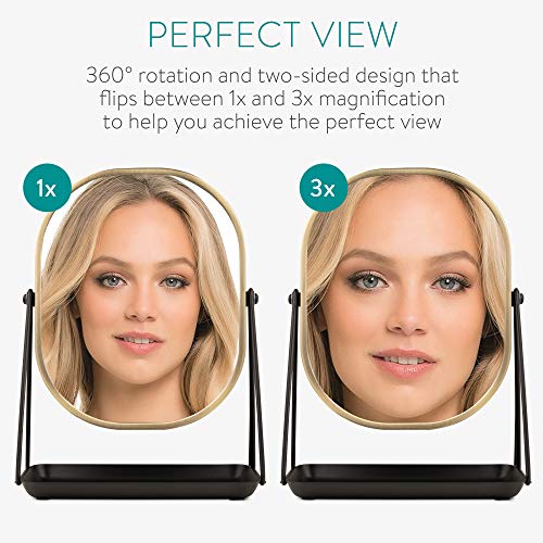 Navaris Magnifying Table Top Mirror - Double-Sided 1x/3x Magnification Vanity Makeup Mirror with Tray - For Bathroom, Bedroom, Desk - Black and Gold