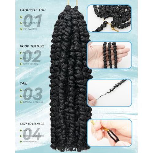 Passion Twist Crochet Hair for Black Women-10 Inch 8 Packs Natural Black, Pre Looped Pretwisted Hair Extensions,Braided by Synthetic Spring Kinky Twist Bohemian Curl(10"-8P,1B)